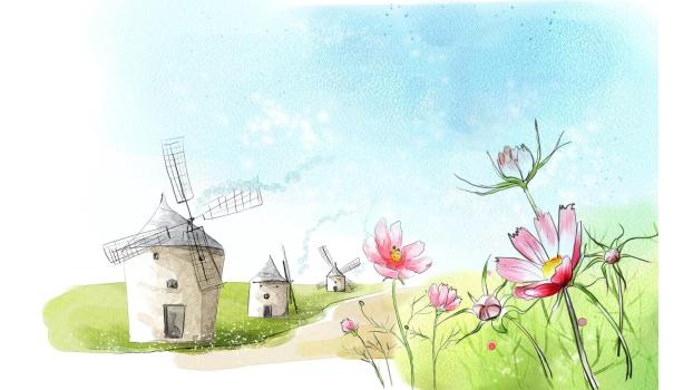 绿色卡通风格田园风车PPT背景0