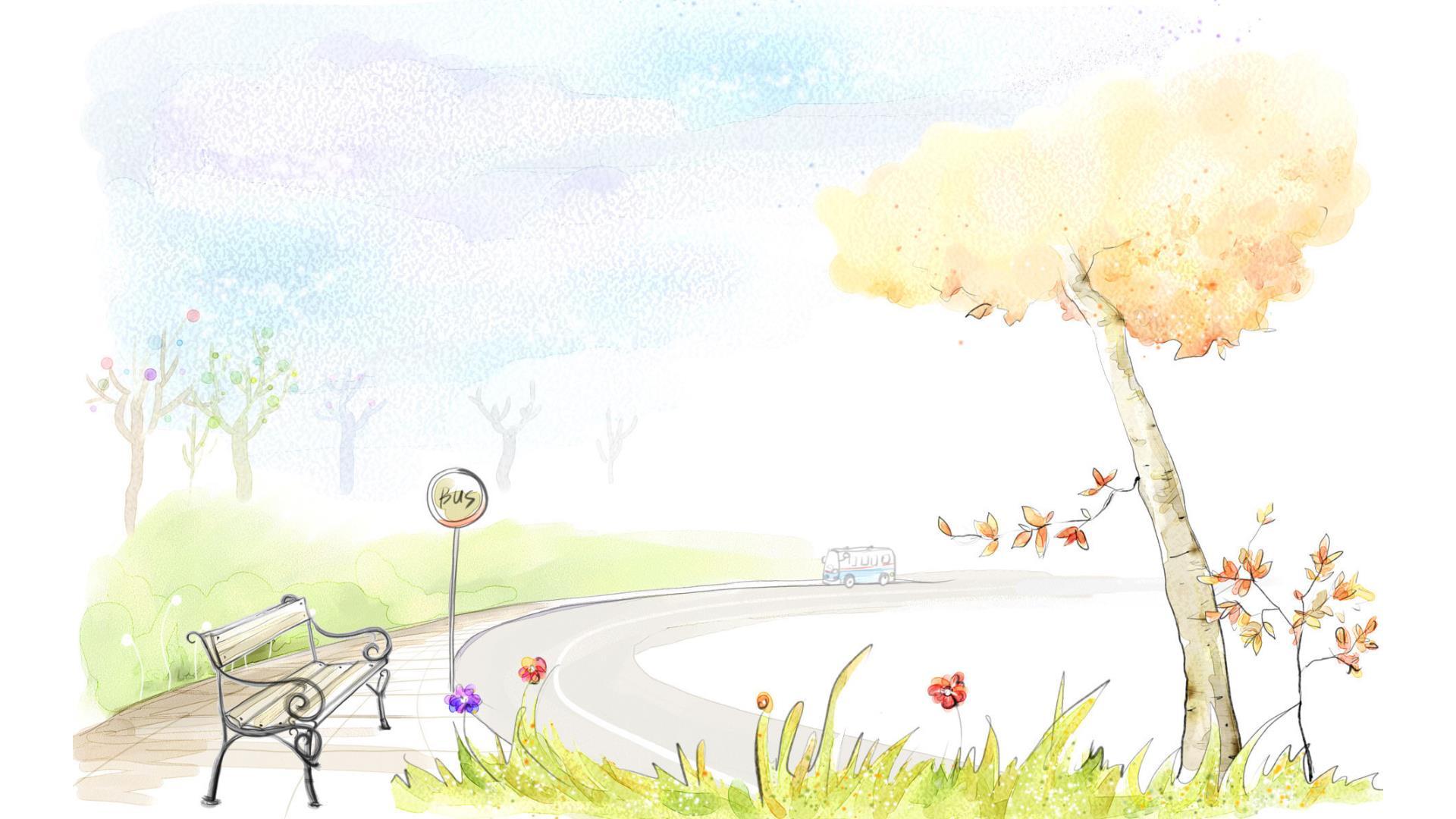 绿色小清新水彩公园PPT背景0