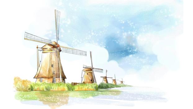 蓝色小清新水彩风车PPT背景0