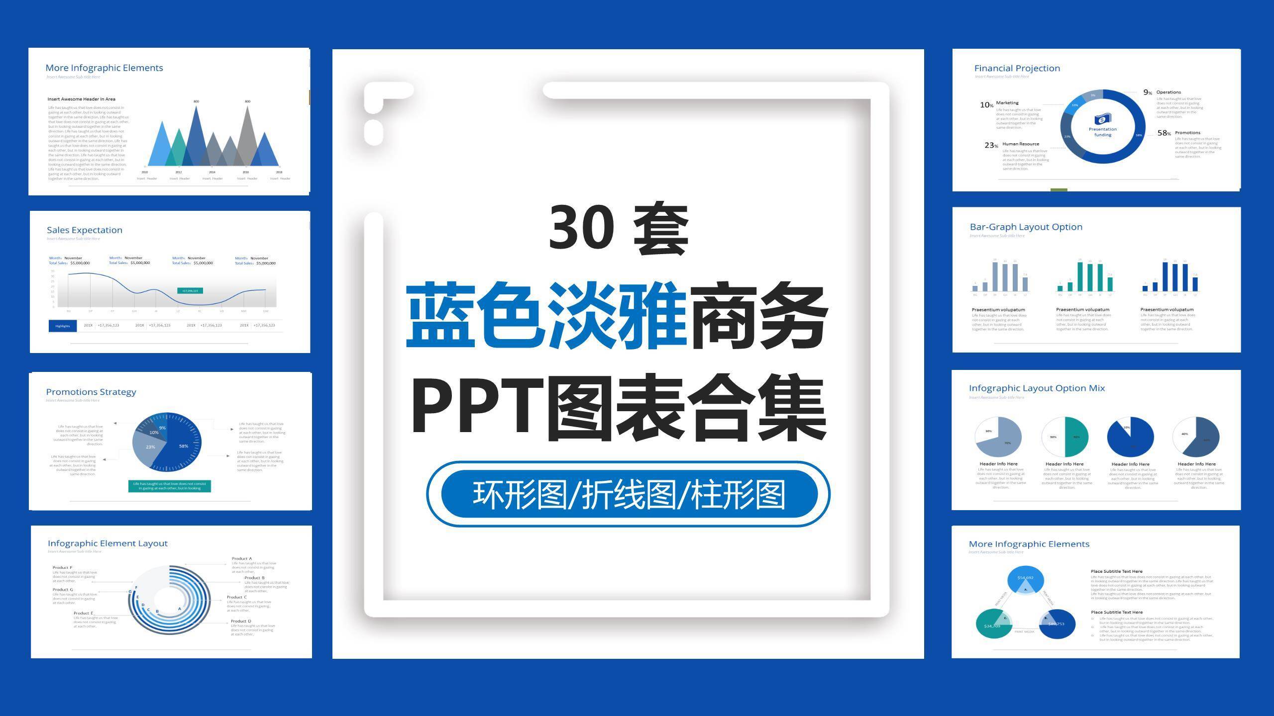 30套蓝色淡雅商务PPT图表模板0