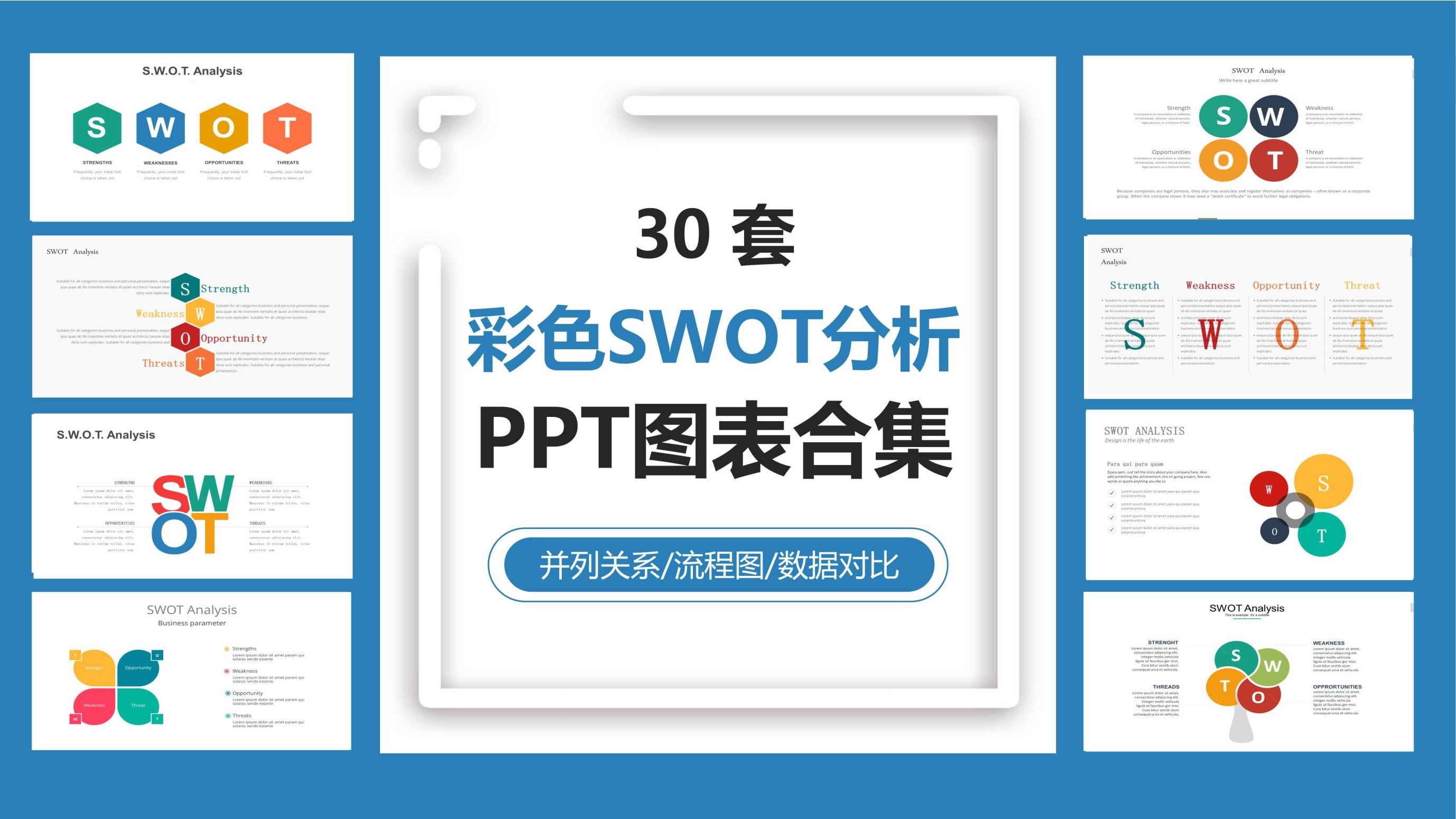彩色SWOT关系PPT图表模板0