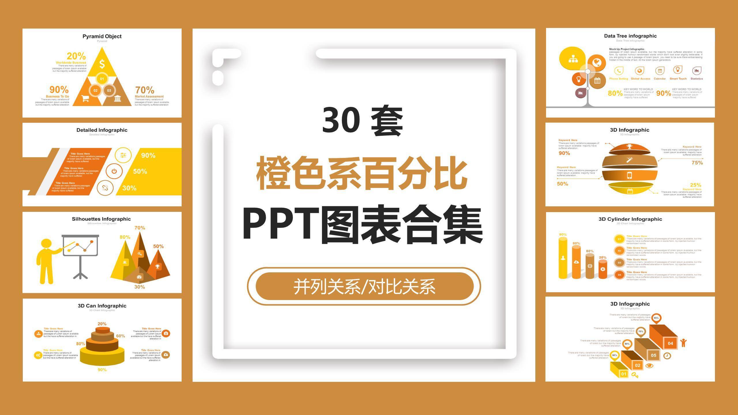 橙色比百分比PPT图表模板0