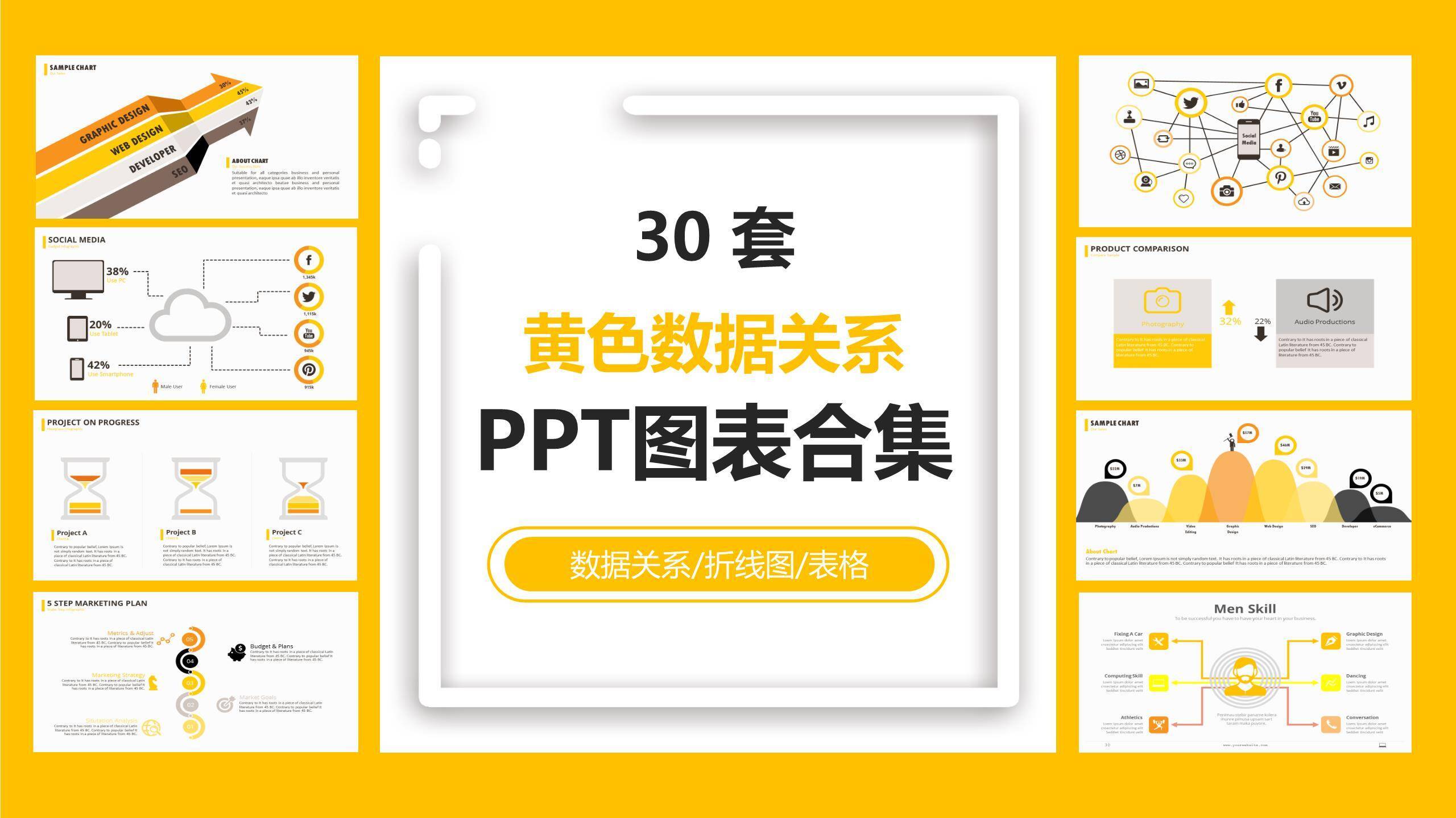 黄色数据关系PPT图表模板0