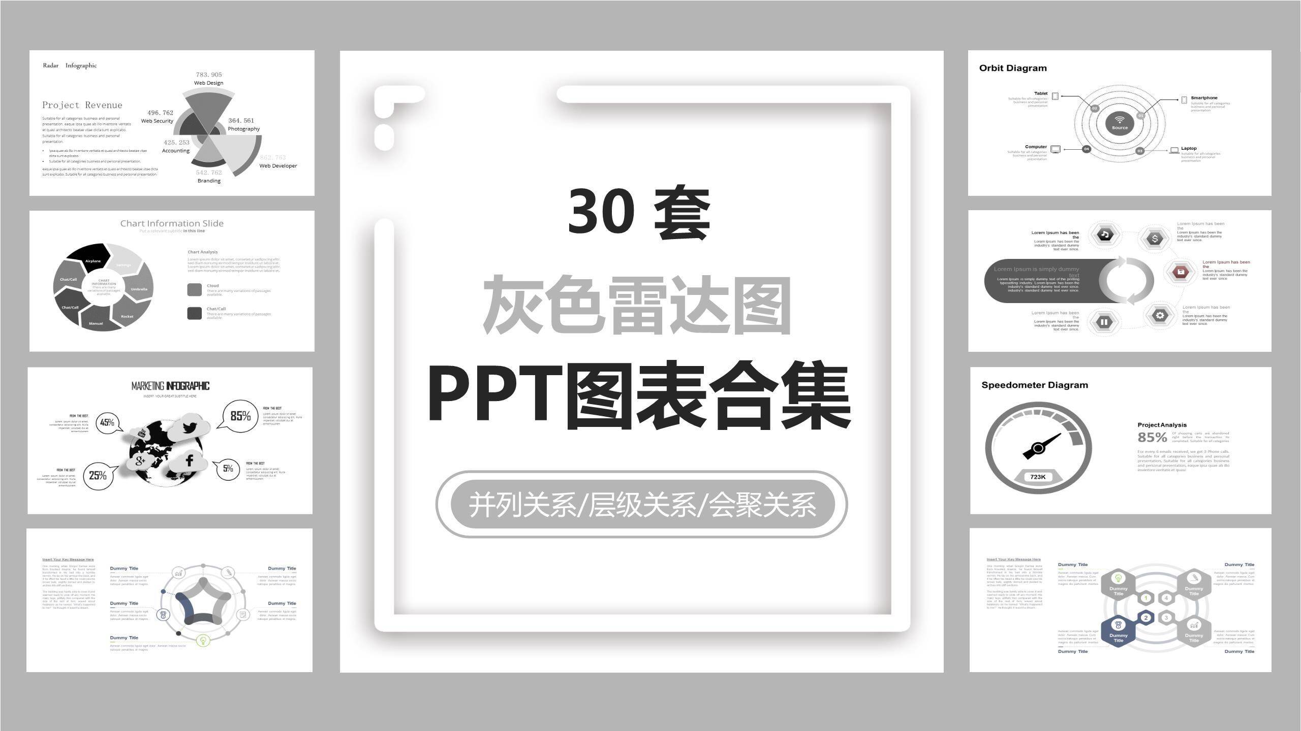 灰色雷达图PPT图表模板0