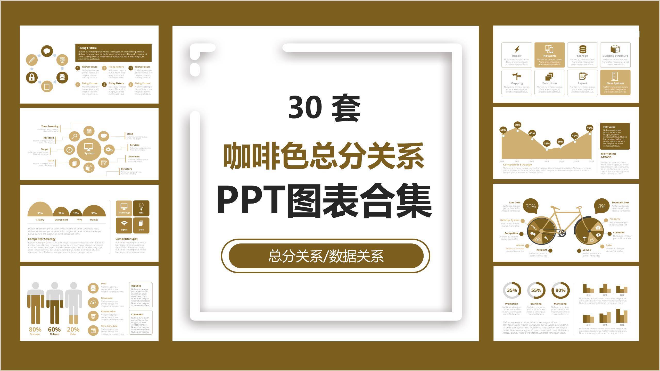 咖啡色总分关系PPT图表模板0