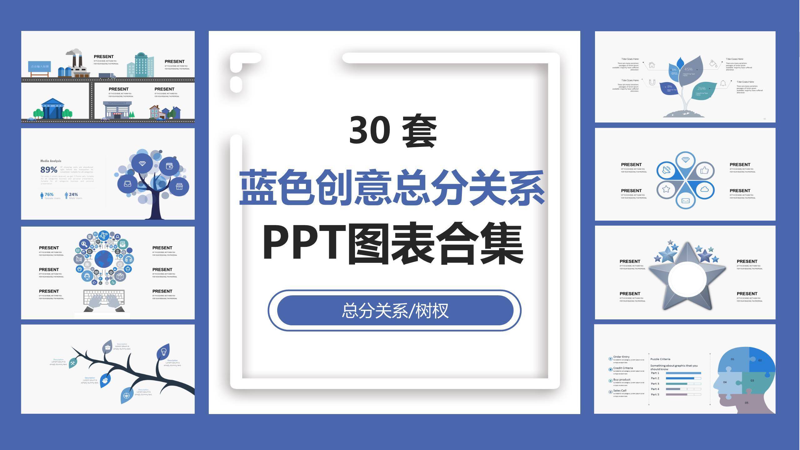 蓝色创意总分关系PPT图表模板0