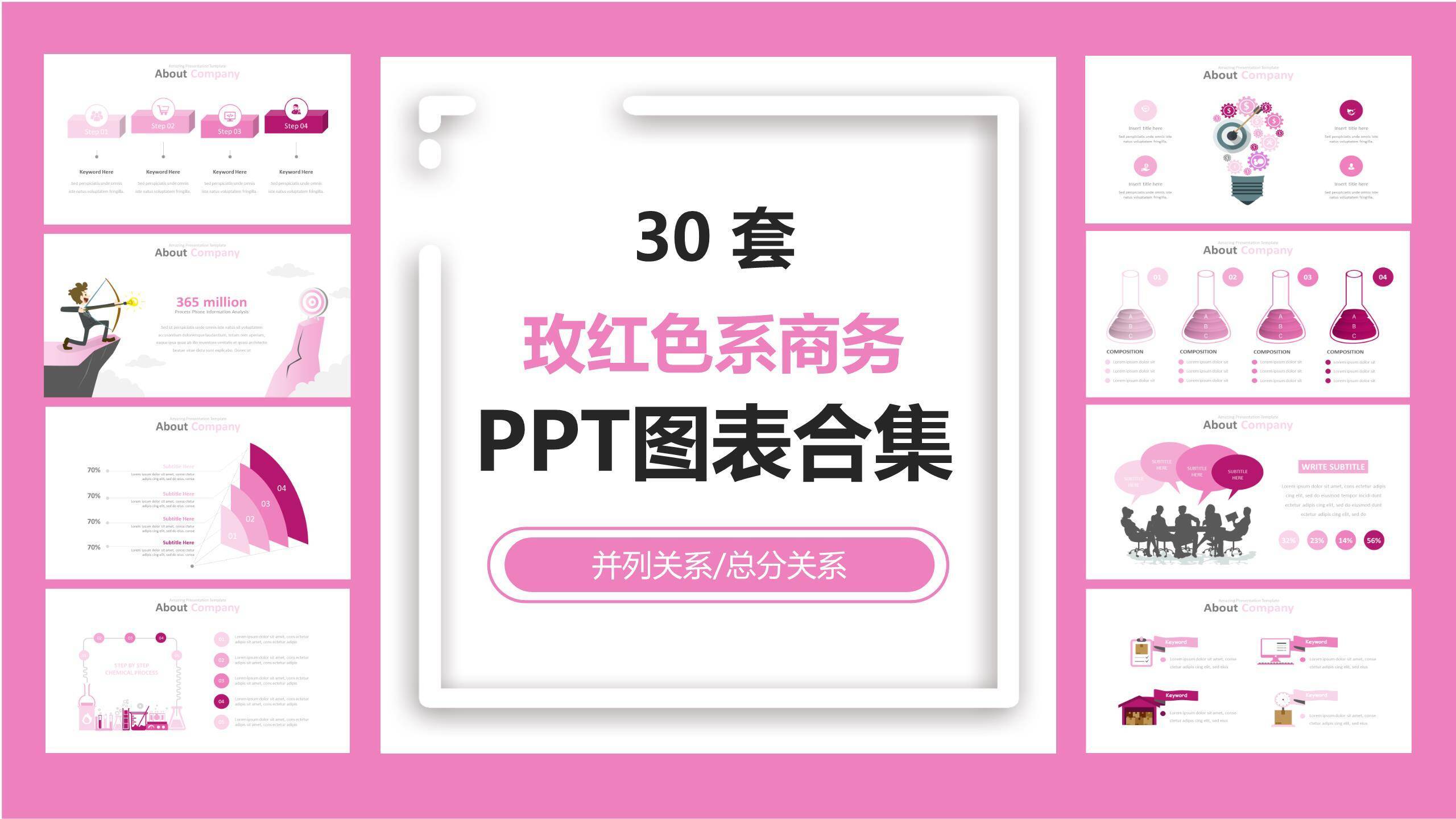 玫红色系商务PPT图表模板(1)0