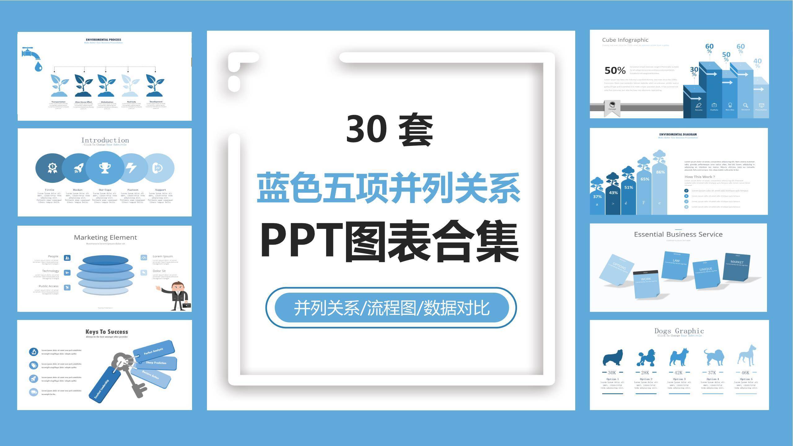 浅蓝色五项并列关系PPT0