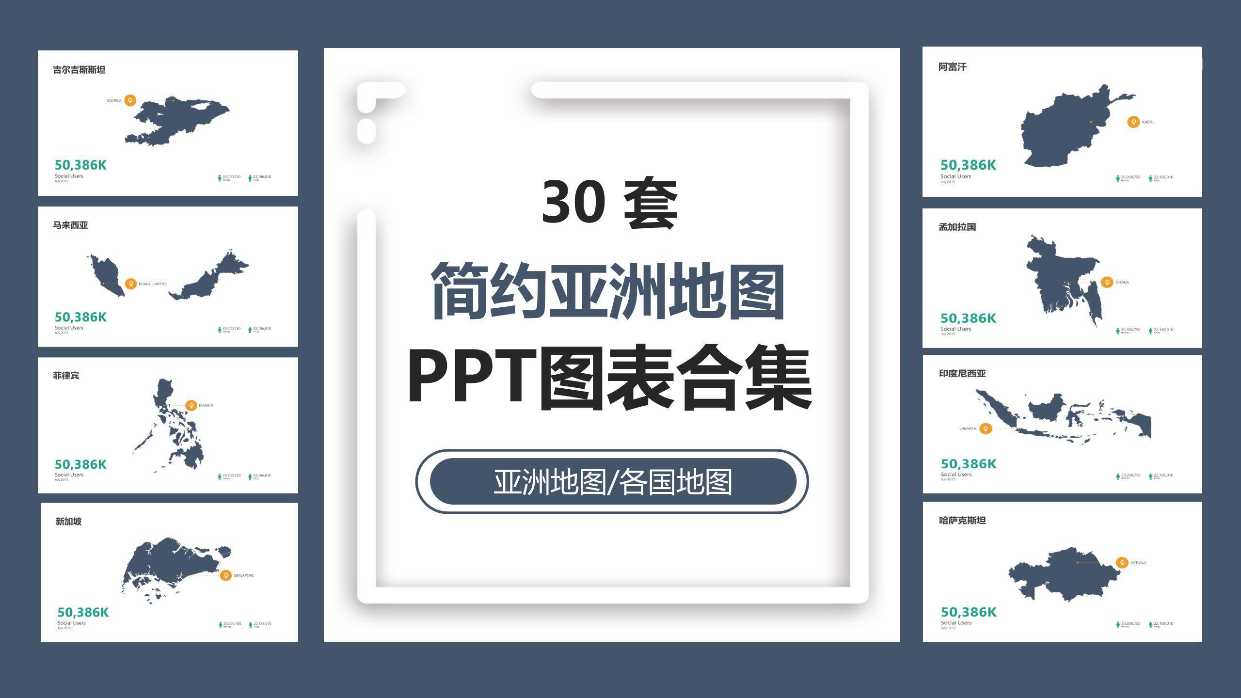 亚洲地图亚洲国家简介PPT图表模板0