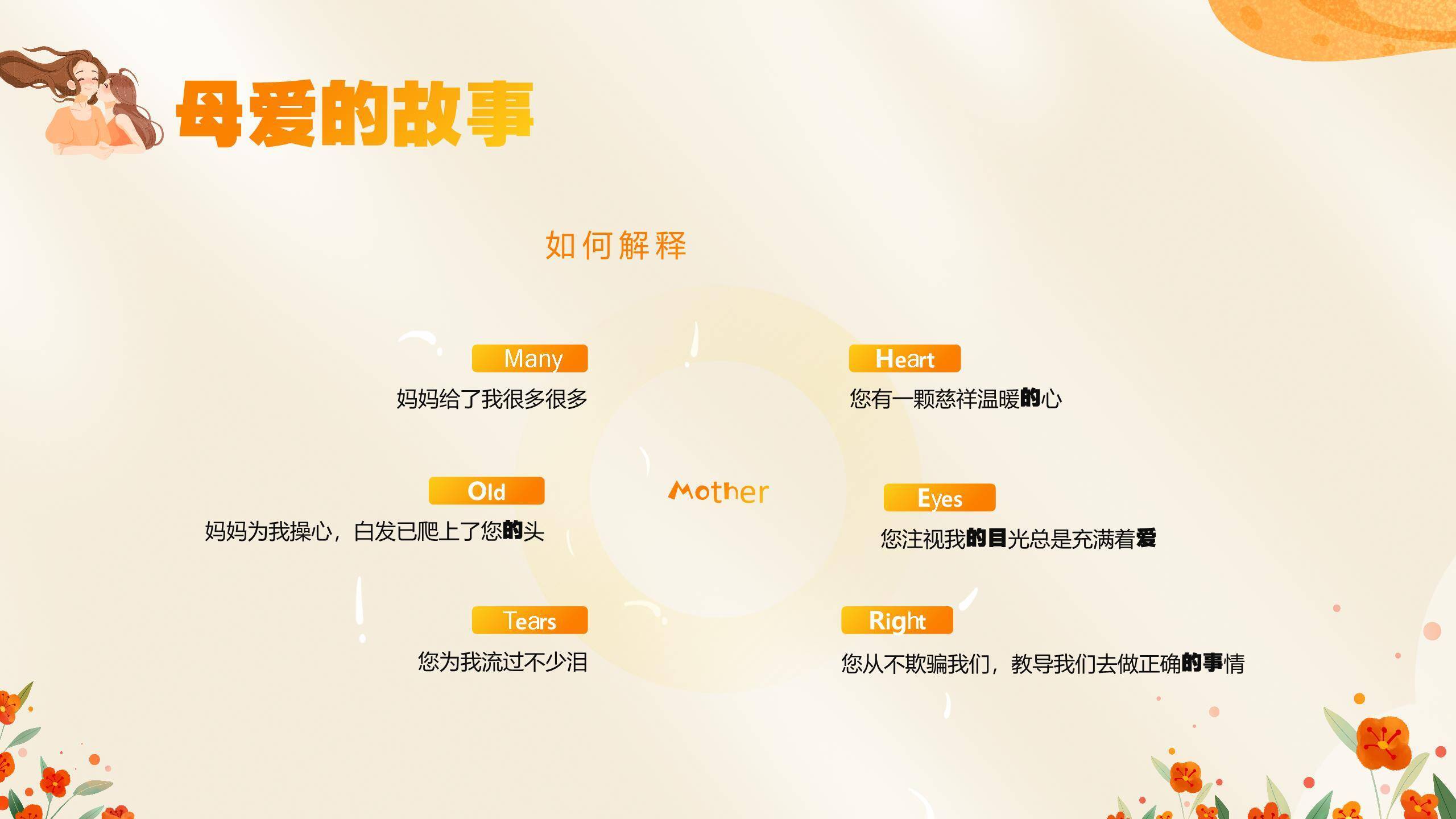 橙色手绘插画三八妇女节感恩妈妈主题班会PPT模板2