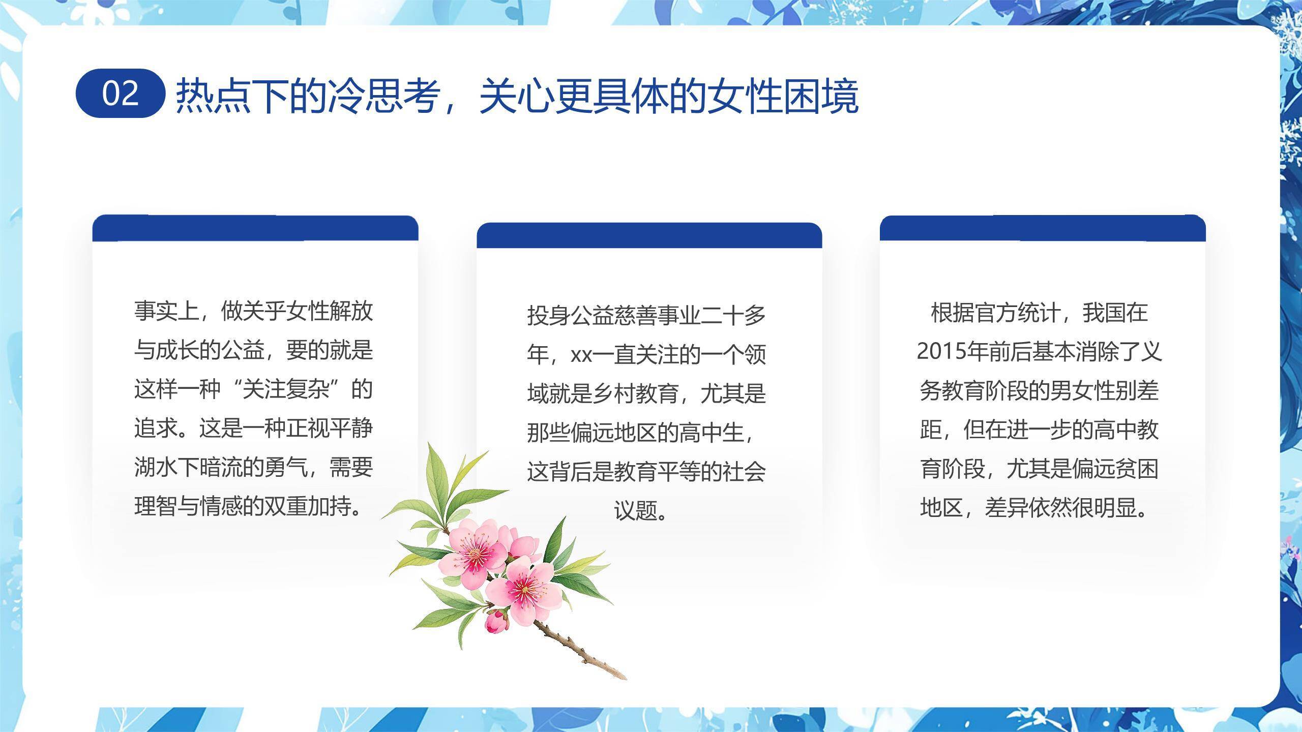 蓝色文艺插画三八妇女节女性议题思考PPT模板2