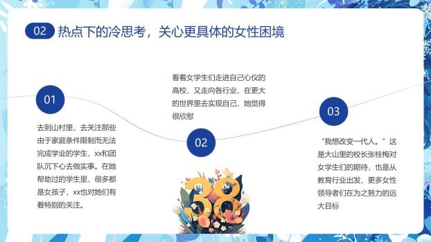 蓝色文艺插画三八妇女节女性议题思考PPT模板3
